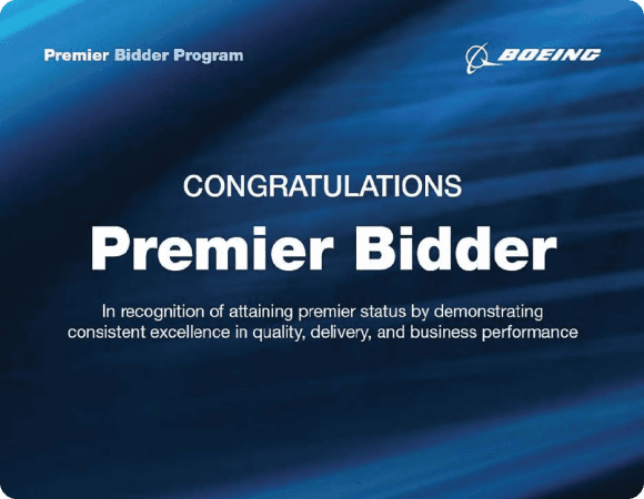 Boeing's Premier Bidder status presented to Harper Engineering Co. by The Boeing Company for consistent excellency.